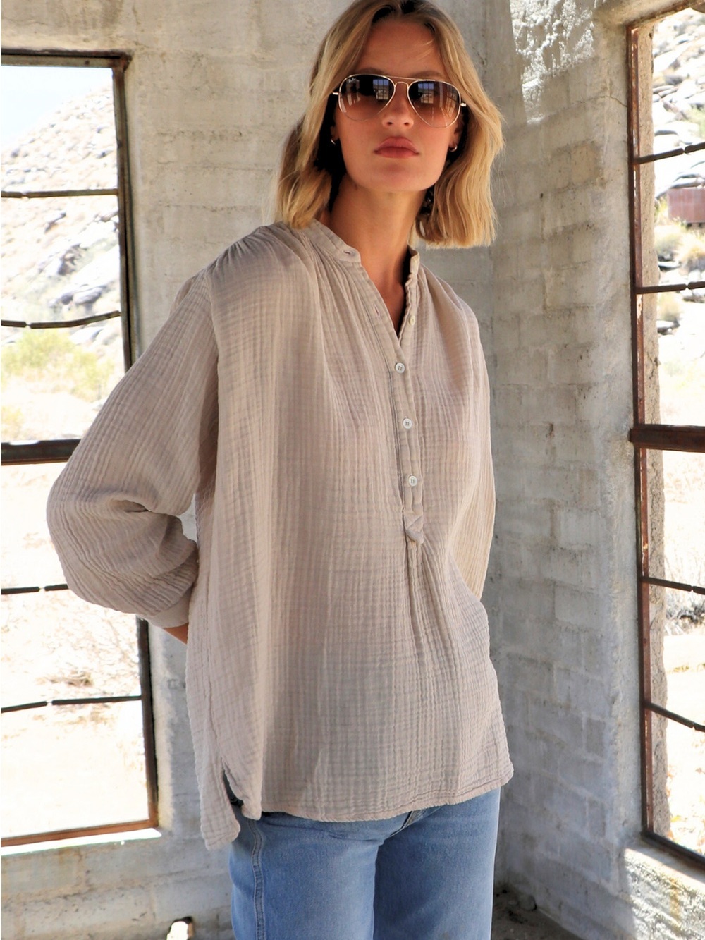 Felicite Mauve Beige Gauze Button-Front Tunic Top
